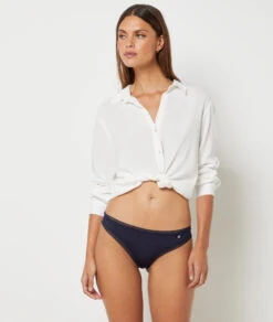 Damen Slip in Blau mit grafischer Spitze und Satin-Schleife