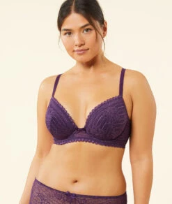 Eleganter Schalen-BH mit floralem Print und tiefem Ausschnitt in Violett