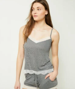 Damen Pyjama Top Grau mit Spitze - Elegantes Schlafshirt Spaghettiträger -Etam Verkäufe 648585002 c