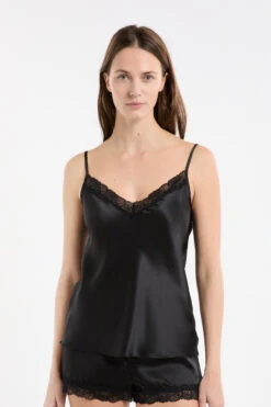 Edles Seiden-Caraco mit Spitze - Luxuriöses Damen Top in Schwarz