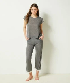 Damen Pyjama Oberteil Kurzarm mit Spitze in Grau - Weiches Schlafshirt -Etam Verkäufe 652455302 6