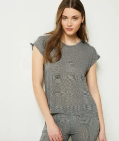 Damen Pyjama Oberteil Kurzarm mit Spitze in Grau - Weiches Schlafshirt -Etam Verkäufe 652455302 b