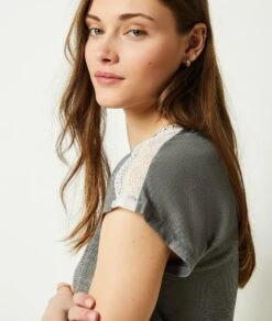 Damen Pyjama Oberteil Kurzarm mit Spitze in Grau - Weiches Schlafshirt