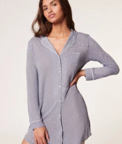 Damen Nachthemd Langarm Marineblau - Elegantes Schlafshirt mit Paspelierung