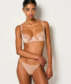 Luxury Silk & Tulle String Thong with Elegant Gold Rings - Blush