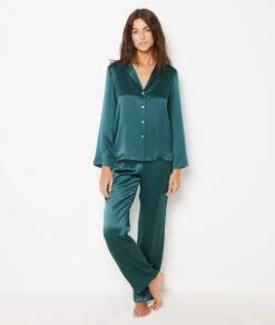 Luxuriöses Pyjamaoberteil aus reiner Seide – Petrolblau