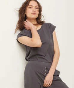Bequemes Kurzarm Pyjama Oberteil in Anthrazit - Weiches Schlafshirt