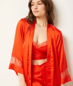 Seidig Schimmerndes Damen Nachthemd mit Edler Spitze - Orange