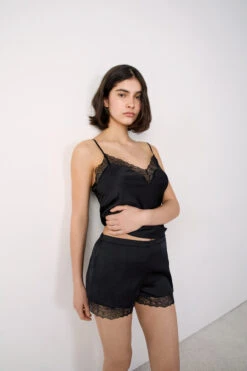 Pyjama-Shorts Mit Spitzendetails SCHWARZ