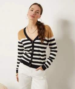 Gestreifte Strickjacke SCHWARZ