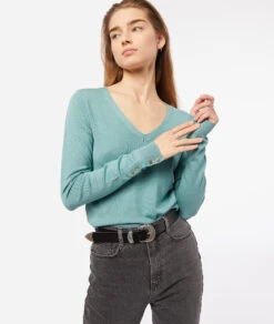 Pullover Mit V-Ausschnitt Aus Feinem Strick SELADONGRÜN