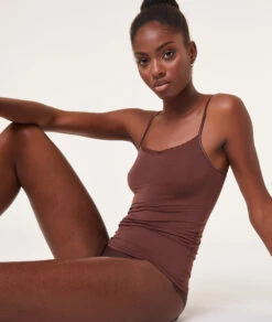 Damen Thermostrick Top mit Spitze - Wärmendes Caraco in Braun