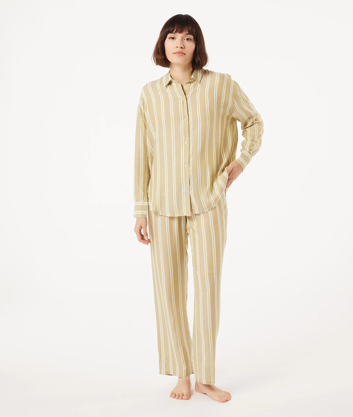 Damen Pyjamahose Gestreift - Weite Viskose Schlafhose | Anis Absinth 3 Damen Pyjamahose Gestreift - Weite Viskose Schlafhose | Anis Absinth – Bild 3