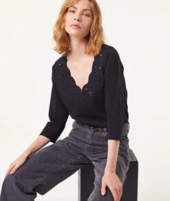 T-Shirt Mit Langen Ärmeln Und Durchbrochenen Details SCHWARZ