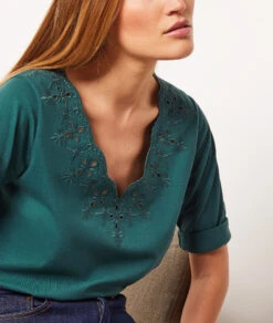 T-Shirt Mit 3/4-Ärmeln Und Gestickten Details GRÜN 7 T-Shirt Mit 3/4-Ärmeln Und Gestickten Details GRÜN -Etam Verkäufe 653791546 6