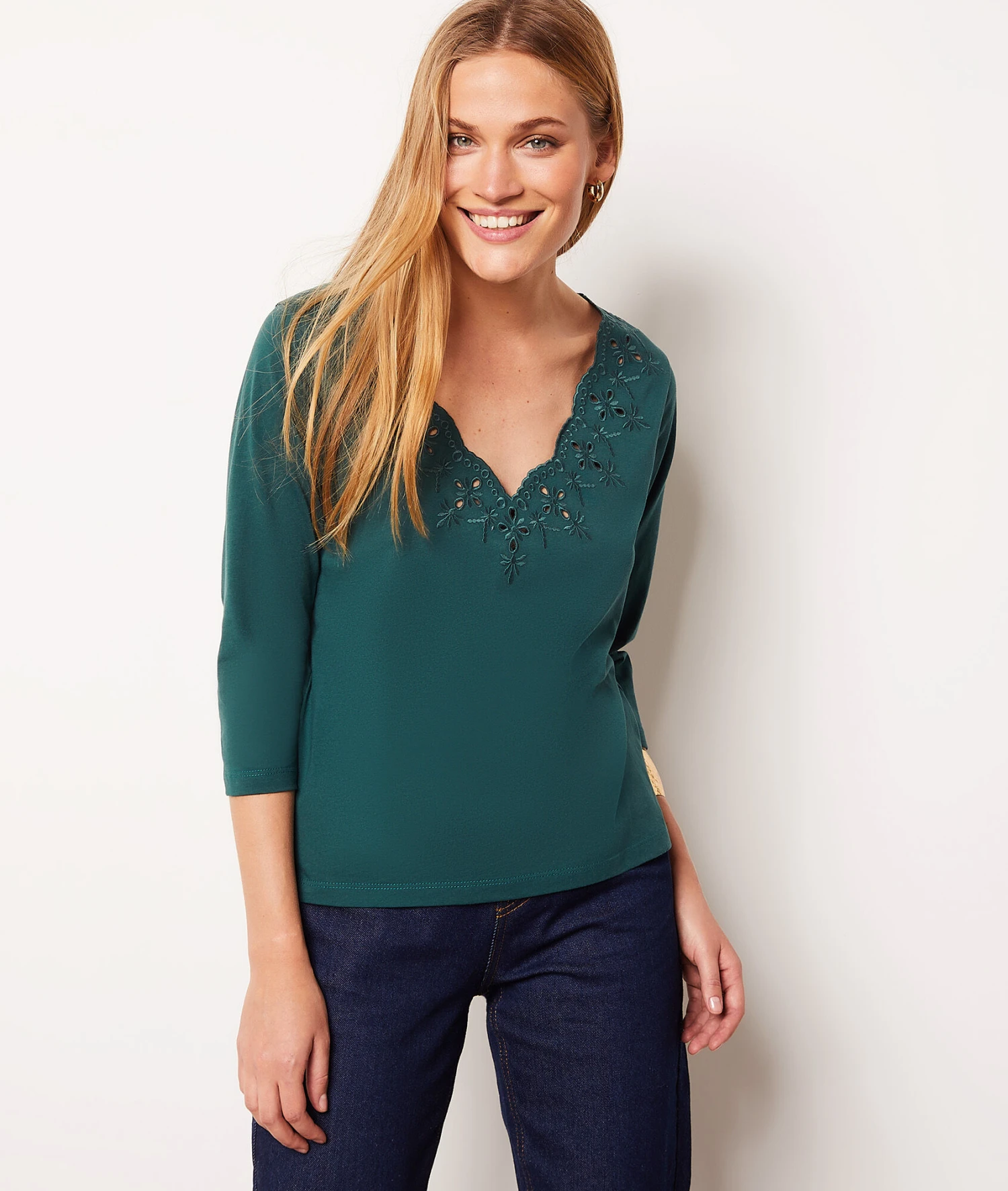 T-Shirt Mit 3/4-Ärmeln Und Gestickten Details GRÜN 5 T-Shirt Mit 3/4-Ärmeln Und Gestickten Details GRÜN – Bild 5