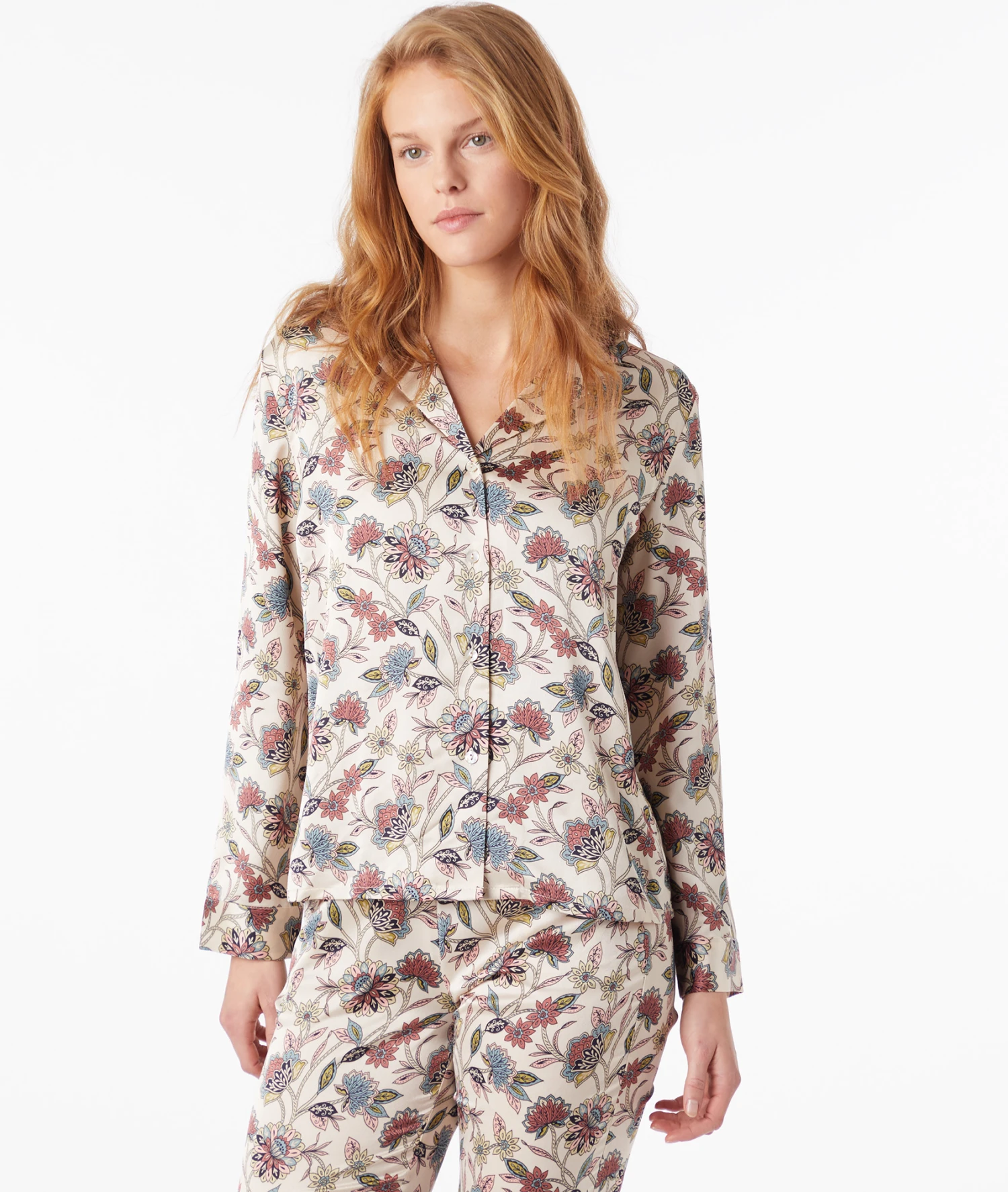Grace Pyjamahemd mit Floral-Print - Edle Satin Nachtwäsche in Ecru 1 Grace Pyjamahemd mit Floral-Print - Edle Satin Nachtwäsche in Ecru