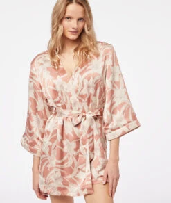 Satin Nachthemd mit Blumen-Print und Bindegürtel - Seidiger Glanz