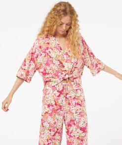 Elegantes Satin Pyjamahemd mit Print und 3/4-Ärmeln