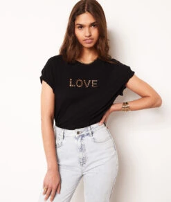 Top Mit Kurzen Ärmeln, Durchbrochen, „love“ SCHWARZ