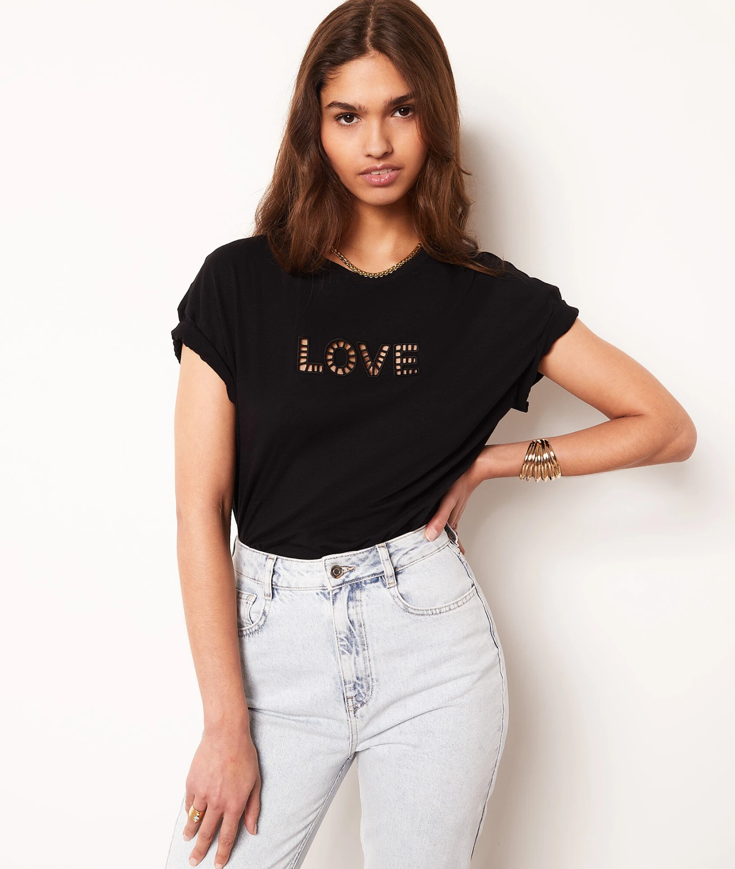 Top Mit Kurzen Ärmeln, Durchbrochen, „love“ SCHWARZ 1 Top Mit Kurzen Ärmeln, Durchbrochen, „love“ SCHWARZ