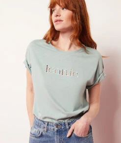 T-Shirt Mit Kurzen Ärmeln, 100 % Baumwolle SELADONGRÜN -Etam Verkäufe 653823338 c