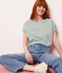 T-Shirt Mit Kurzen Ärmeln, 100 % Baumwolle SELADONGRÜN