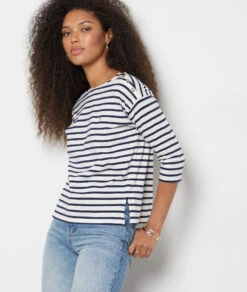 Gestreiftes T-Shirt Mit 3/4-Ärmeln MARINEBLAU