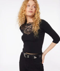 Elegantes Damen T-Shirt mit 3/4-Ärmeln und edlem Rücken aus Spitze - Schwarz