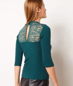 Elegantes Damen T-Shirt mit Spitze, 3/4-Ärmel & Ripp-Optik in Grün -Etam Verkäufe 653833746 a