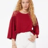 Garnet Red Cotton Blouse with Lace Detail and 3/4 Voluminous Sleeves