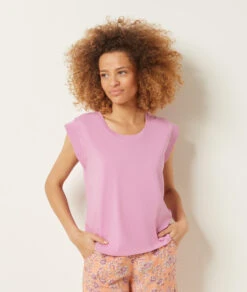 Damen Schlafshirt aus 100% Baumwolle - Weiches Kurzarm Pyjama-Oberteil in Rosa -Etam Verkäufe 653943070 c
