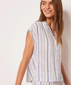 Damen Pyjamahemd Gestreift - Klassisches Schlafshirt in Ecru