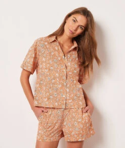 Pyjamahemd mit Print in Aprikose für Damen - Bequemes Schlafshirt