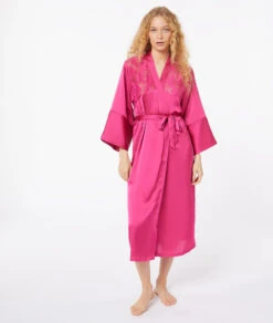 Elegant Fuchsia Satin Nightgown with Delicate Lace Detailing
