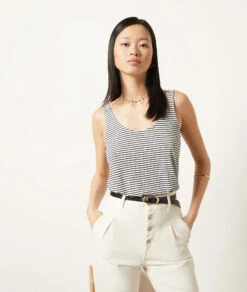 Gestreiftes Top Aus Leinenmischgewebe MARINEBLAU