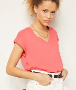 T-Shirt Mit V-Ausschnitt Aus 100 % Baumwolle ROSA