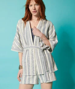 Gestreifte Kimono-Jacke ECRU