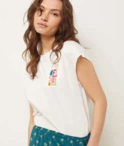 Bedrucktes Schlafshirt in Ecru – Bequemes Pyjama Oberteil für Damen