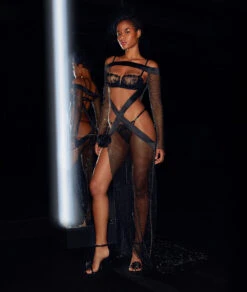 Black Embroidered Tulle Thong - Elegant Sheer Lingerie