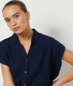 Ärmellose Hemdbluse, 100 % Baumwolle MARINEBLAU