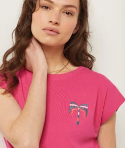 Damen Schlafshirt in Bonbonrosa mit Print - Kurzarm Pyjama Oberteil