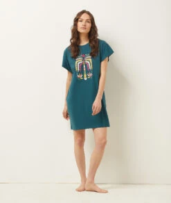 Damen Nachthemd mit Palmen-Print in Tannengrün - Luftige Nachtwäsche
