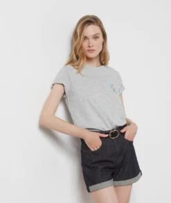 T-Shirt Mit V-Ausschnitt Und Kurzen Ärmeln, 100 % Baumwolle GRAU