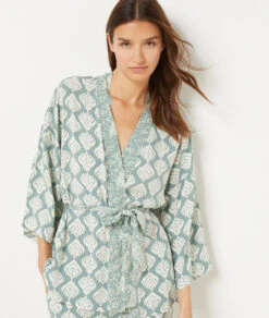 Nile Green Printed Kimono Negligee - Elegant Women's Nightwear