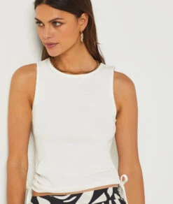 Women's Ecru Ruched Side Pajama Tank Top - Soft Sleeveless Sleepwear