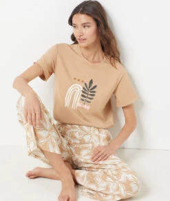 Bequemes Baumwolle T-Shirt mit Print in Beige für Schlaf & Lounge -Etam Verkäufe 654069683 c