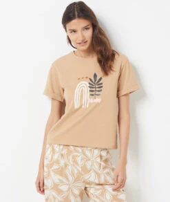 Bequemes Baumwolle T-Shirt mit Print in Beige für Schlaf & Lounge