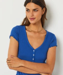 Royal Blue Ribbed Sleep T-Shirt - Premium Lounge & Pajama Top