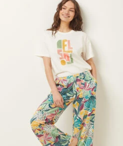 Soft Ecru Printed Sleepwear T-Shirt - Relaxed Loungewear Top